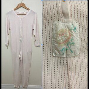 Vintage Women's Romper Lounge Size XS Light Pink Button-Up Floral Patch Detail